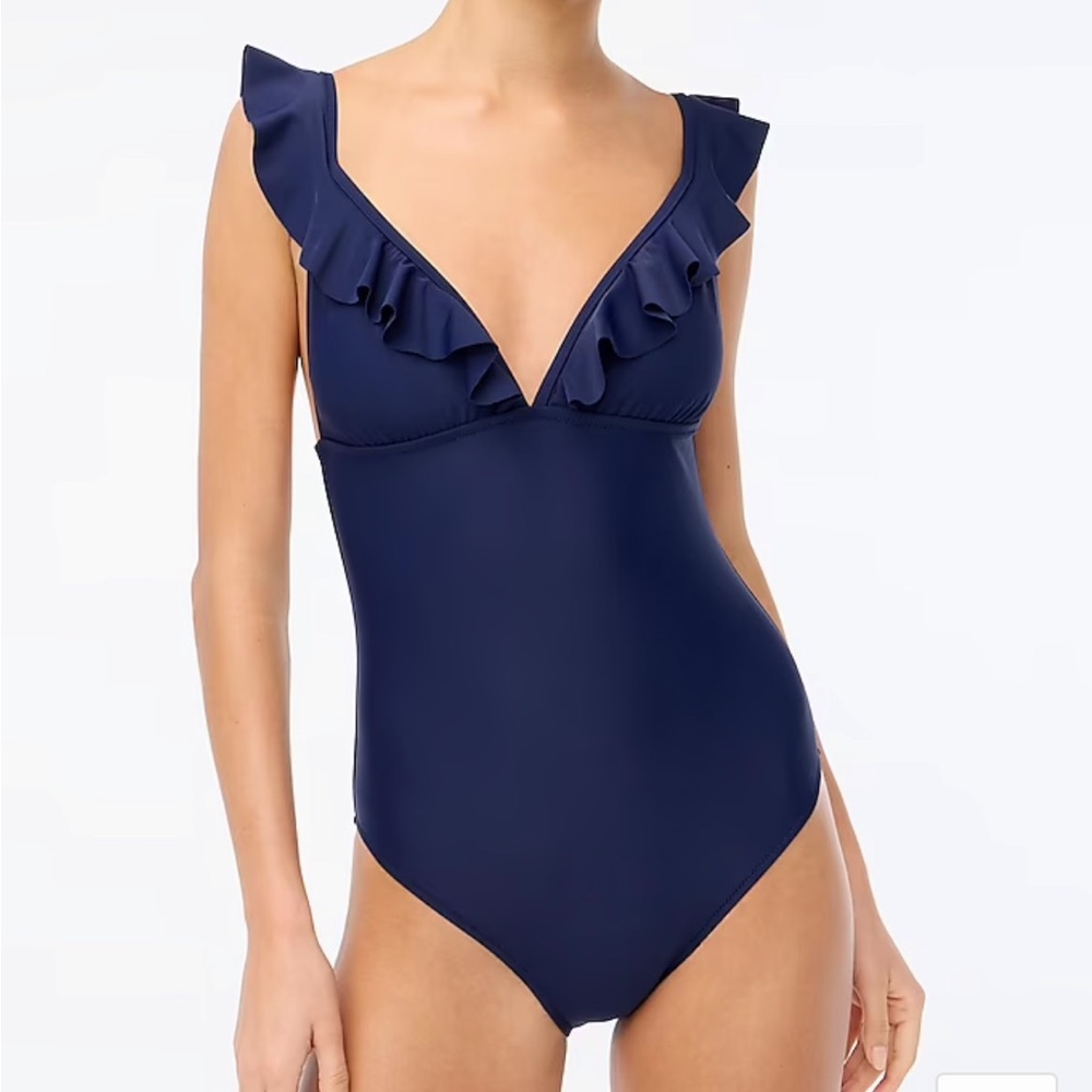 NWT J. Crew Ruffle Shoulder V-Neck One Piece Swimsuit, Navy, 3X